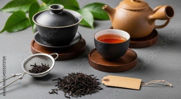 Obraz A still life with teapot, teacup, leaves, and loose leaf ready for brewing