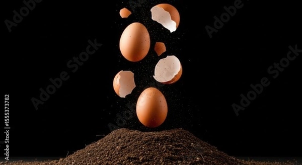 Obraz Still life of falling raw whole and broken avian eggs above a mound of soil