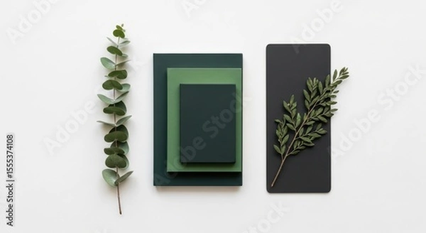 Obraz Arrangement of foliage and stacked rectangles on a plain white background