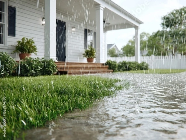 Fototapeta Flooded lawn in front of a white house during heavy rainfall, water pooling on grass.