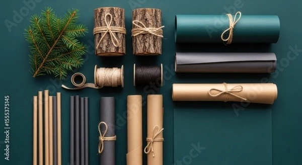 Obraz Arrangement of rolls, wood, twine, and fir branch on a teal plain backdrop