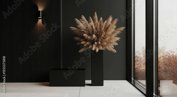 Obraz Arrangement of pampas grass in a vase with a window and lamp in the background