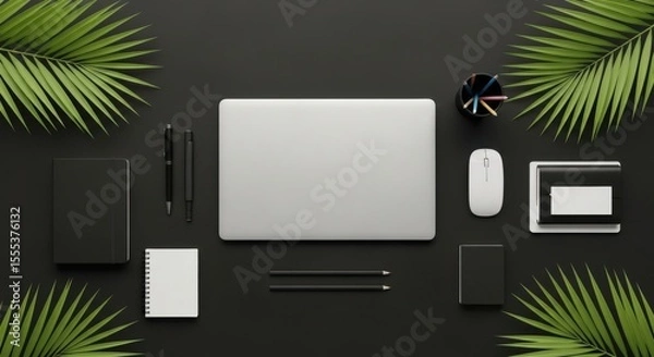 Obraz Flat lay of a laptop with office equipment and palm leaves on a dark table