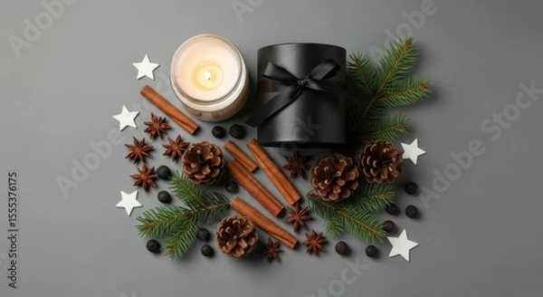 Obraz Arrangement of candle, gift, pinecones, and spices on a gray background view