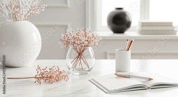 Obraz Still life featuring vases, floral arrangements, and writing implements on desk