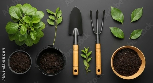 Obraz Arrangement of gardening tools with plants and soil on a plain backdrop