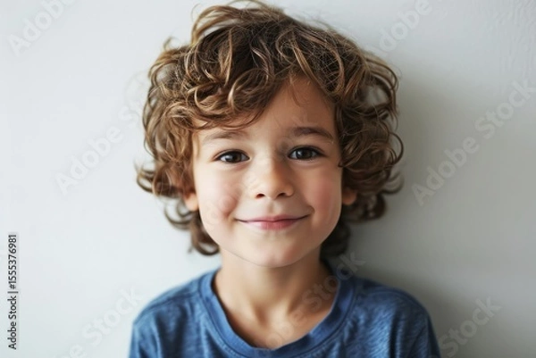 Fototapeta Portrait of a little boy with curly hair smiling at the camera