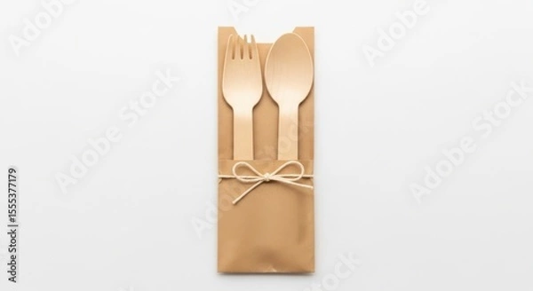 Obraz Wooden fork and spoon in a brown paper bag tied with twine on a plain backdrop