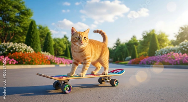 Fototapeta Ginger Cat Skateboarding in a Sunny Park A Fun Summer Image