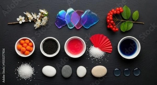 Obraz Arrangement of bowls, stones, flora, and translucent shapes on a dark area