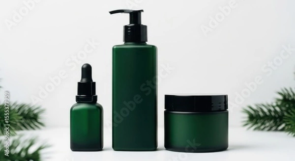 Obraz Assortment of green cosmetic bottles and jar with plant decoration on a white table