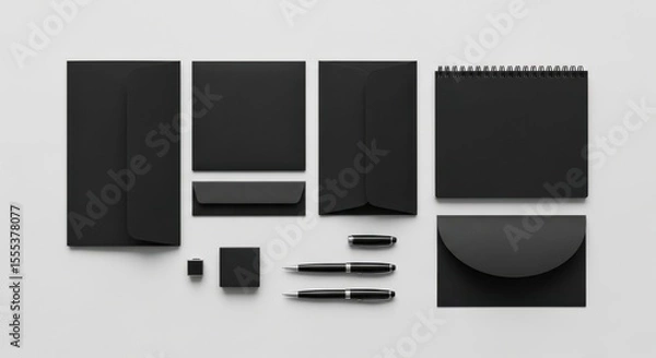Obraz Arrangement of stationery items including pens and envelopes on a flat area