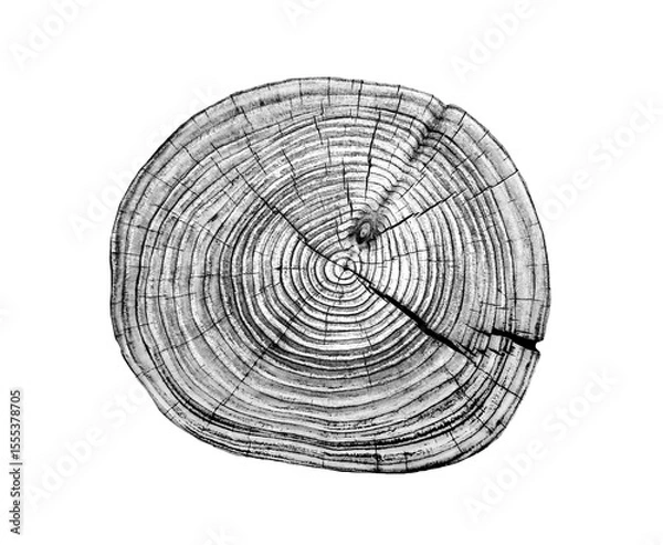 Fototapeta Black and white stamp of wood texture of tree rings from a slice of log. Negative image of cut tree slice, isolated on white background