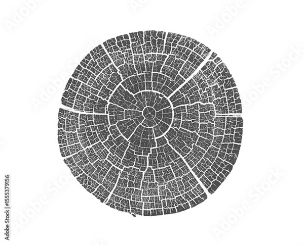 Fototapeta Black and white stamp of wood texture of tree rings from a slice of log. Negative image of cut tree slice, isolated on white background