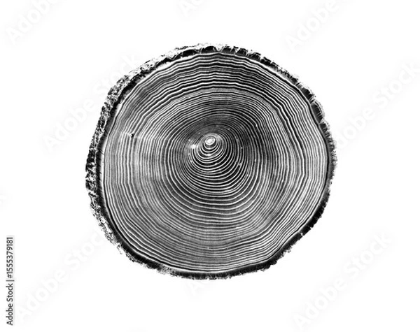 Fototapeta Black and white stamp of wood texture of tree rings from a slice of log. Negative image of cut tree slice, isolated on white background