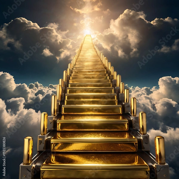 Fototapeta A staircase made of gold bars ascending into the clouds with glowing light at the top, symbolizing the path to financial independence


