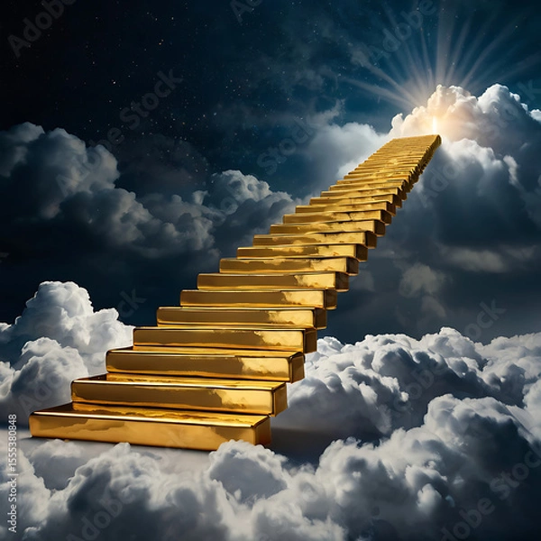 Fototapeta A staircase made of gold bars ascending into the clouds with glowing light at the top, symbolizing the path to financial independence


