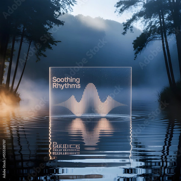 Fototapeta Soothing rhythms music album cover design with sound waves reflected on a misty water background