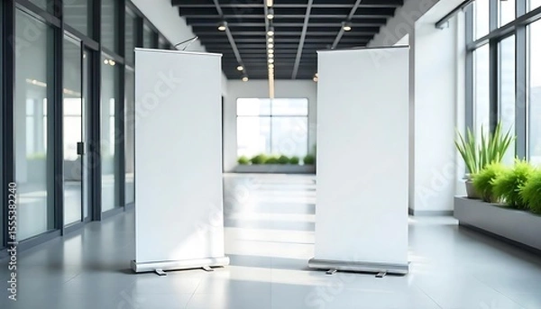 Fototapeta Modern Office Hall with Two Empty White Roll-Up Banner Stands for Business Presentations, mockup, Blank roll up banner stand in modern office, created with generative ai