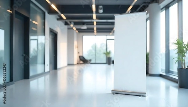 Fototapeta Modern Office Hall with Two Empty White Roll-Up Banner Stands for Business Presentations, mockup, Blank roll up banner stand in modern office, created with generative ai
