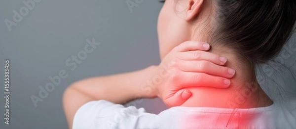 Fototapeta Close up of a woman experiencing neck and shoulder pain, highlighted by a red glow, against a simple grey backdrop
