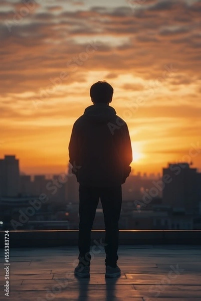 Fototapeta Man silhouetted against fiery sunset over a cityscape, standing on a rooftop in contemplation. Urban solitude with nature's backdrop.