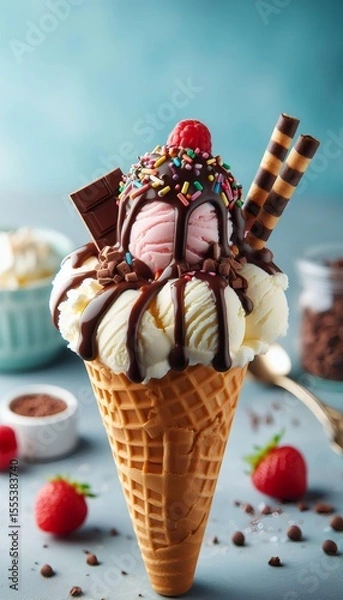 Obraz Delicious Vanilla Ice Cream Cone: Topped with Chocolate Syrup, Sprinkles & Wafer Stick