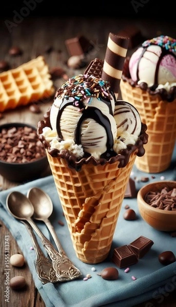 Obraz Sweet Summer Treat: Two Scoops of Ice Cream in Waffle Cone, Dessert Indulgence