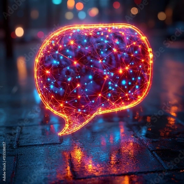 Fototapeta glowing speech bubble connecting diverse crowd communication skills concept symbolic digital art with connection lines and light effects