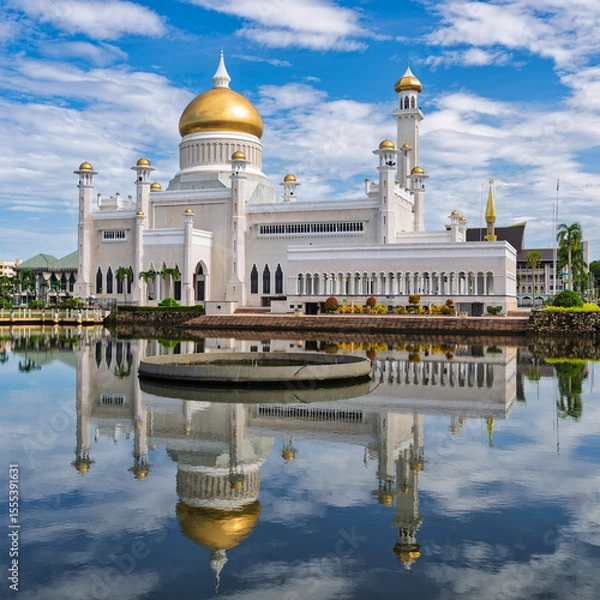Fototapeta Majestic and ornate, Omar Ali Saifuddien Mosque reflects in the tranquil waters of Bandar Seri Begawan, the capital of Brunei. Its golden dome and intricate details offer a breathtaking panoramic view