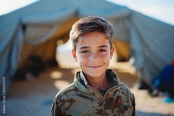 Fototapeta Portrait of a smiling boy standing in front of a tent outdoors