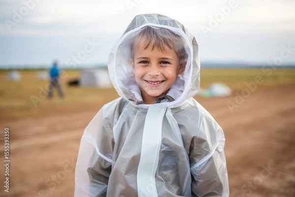 Fototapeta Portrait of a cute little boy in raincoat on the field