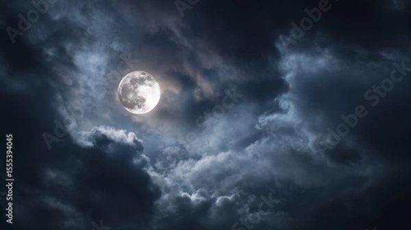 Fototapeta Full Moon Through Dramatic Clouds Night Sky Celestial Glow Fantasy Weather
