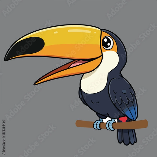 Fototapeta A cartoon toucan perches playfully on a branch, its large beak and bright colors making it cheerful.