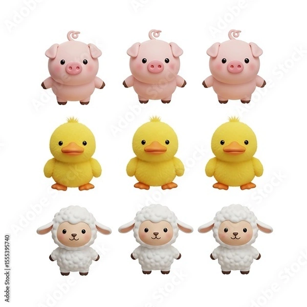 Fototapeta Adorable farm animals in a grid pattern: pigs, ducklings, and lambs, perfect for a children's theme. Each animal is brightly colored and charmingly detailed.