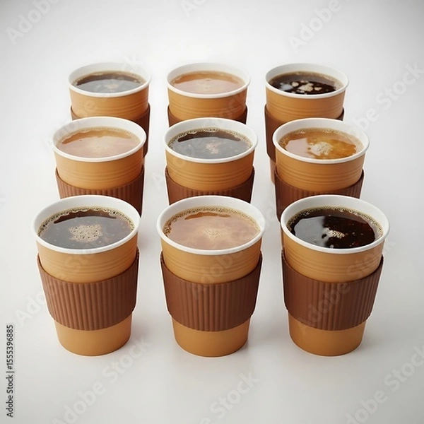 Fototapeta A grid of various types of coffee in disposable cups, ready for enjoyment. The arrangement showcases different brews