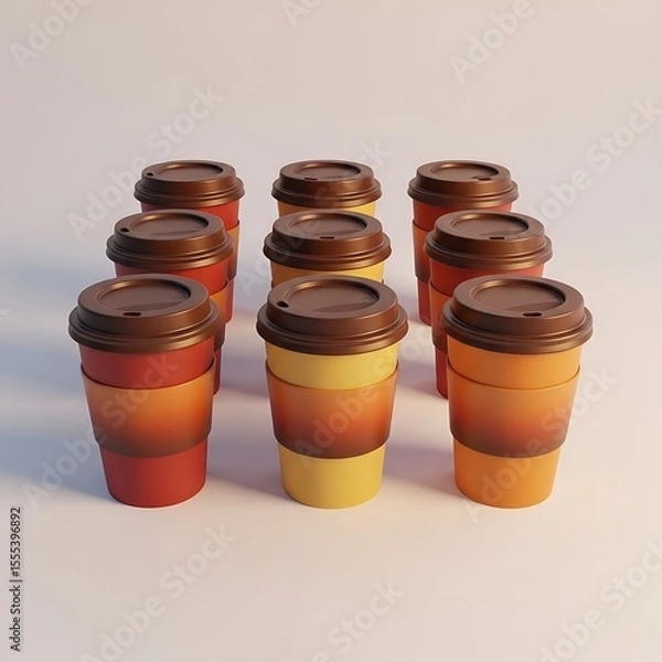 Fototapeta A captivating close-up of nine takeaway cups. Each cup is a symphony of warm hues with a brown lid, suggesting the promise of a delightful beverage