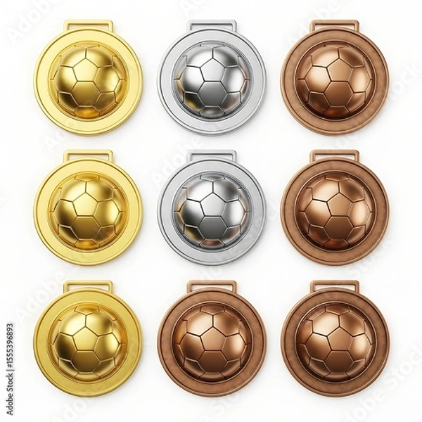 Fototapeta A collection of gold, silver, and bronze medals, each featuring a soccer ball design. The arrangement creates a visually appealing display of achievement.