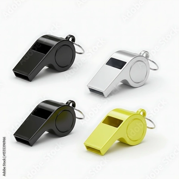 Fototapeta Four whistles of different color are laying on surface with ring to connect it to other object