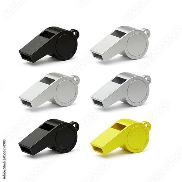 Fototapeta An array of whistles in varying colors against an uncluttered backdrop, ready to be used.