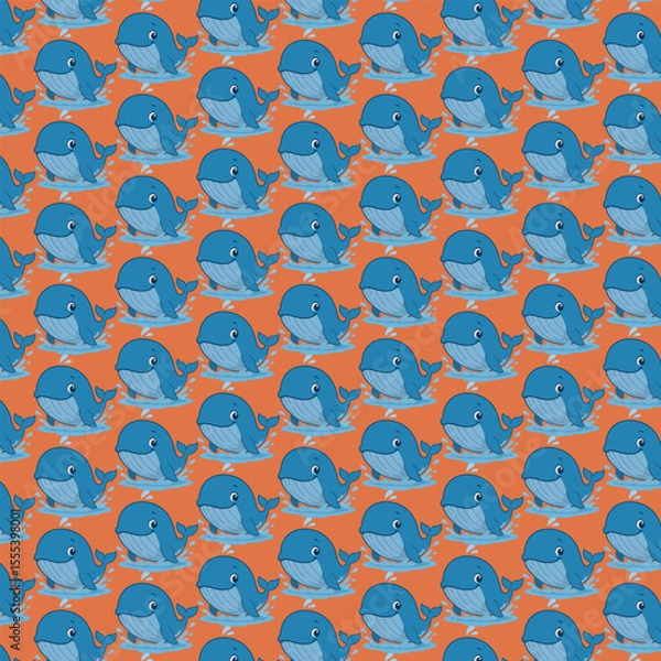 Fototapeta A repeating pattern of cartoon whales splashing in water.