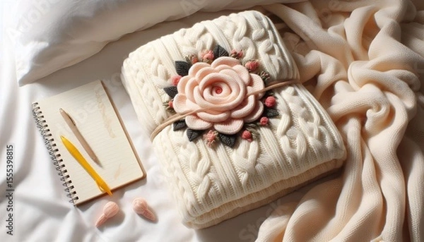 Obraz Comforting Home Decor: Soft Ivory Throw, Handmade Rose & Notebook Aesthetic