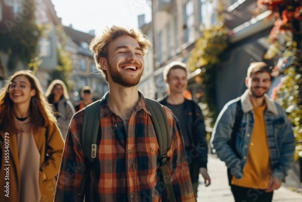 Obraz Cheerful young man with friends walking in the street. Group of friends having fun together.