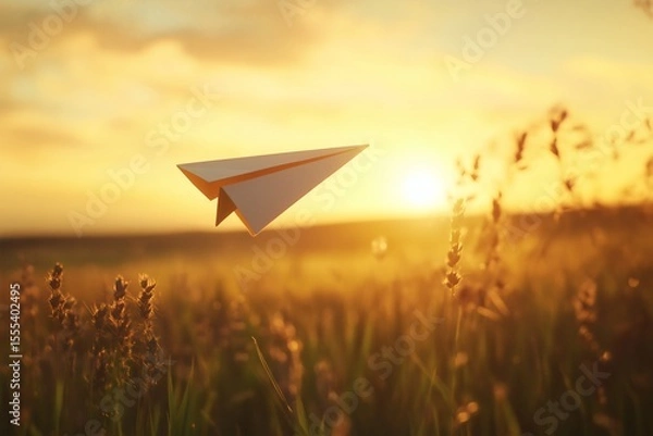 Fototapeta Paper airplane soars over sunlit field, embodying dreams and aspirations. Golden hour glow adds magic to the scene. Fly high!