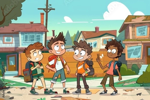 Obraz Group of happy boys going to school. Back to school. Vector illustration