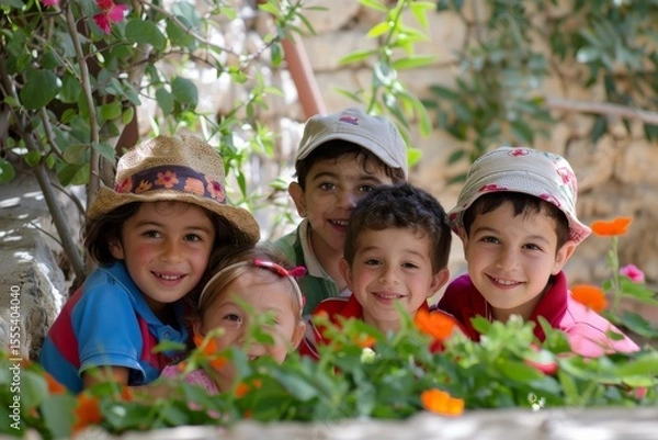Obraz Group of happy kids in the garden. Selective focus. Kid.