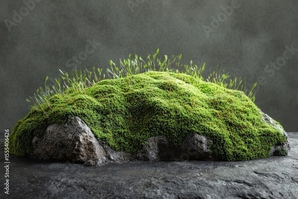 Fototapeta Lush moss atop a dark stone.