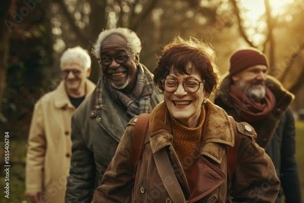 Obraz Group of senior friends having fun together in the park. They are smiling and looking at camera.