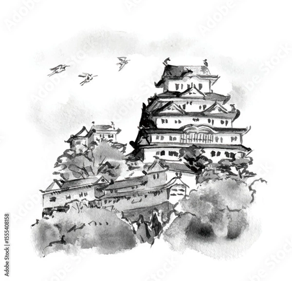 Obraz 水彩絵の具で描いた日本の姫路城のベクターイラスト