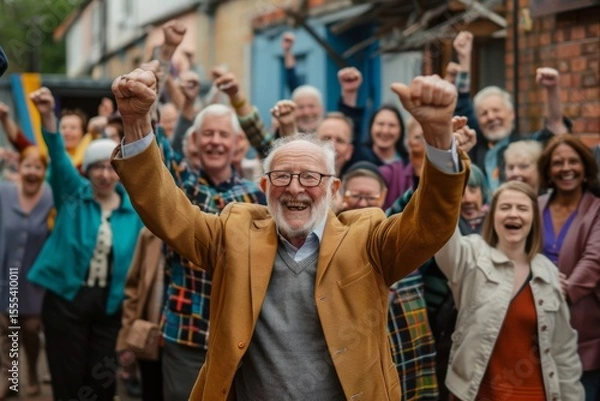 Obraz Senior man raising his hands in the air with a group of people behind him